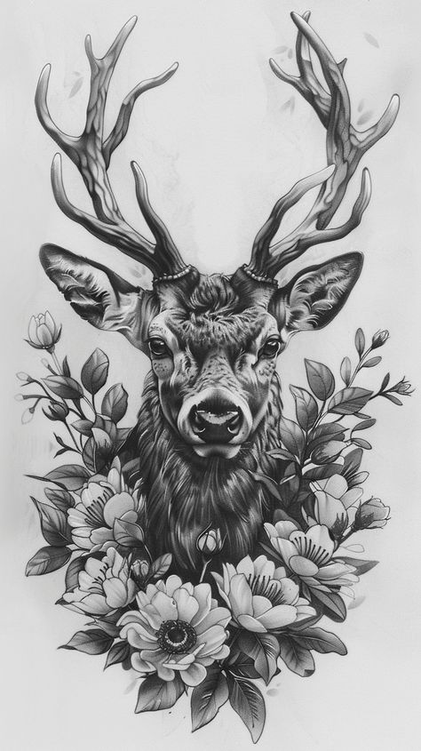 Tattoo design of a deer head with antlers and flowers around the neck, symmetrical and in greyscale. Deer Cover Up Tattoo, Deer Antler Sleeve Tattoo, Deer And Flowers Tattoo, Deer Head Tattoo Design, Deer Leg Tattoo, Deer Head With Flowers, Deer Arm Tattoo, Deer With Flowers Tattoo, Deer Sleeve Tattoo