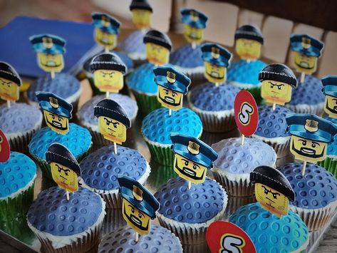 LEGO city police birthday party cupcakes and cupcake decorations  #lego #legopolice #legoparty #legocupcakes #legocake #legocity #legobirthday #legobirthdayparty Police Lego Cake, Lego Police Birthday Party, Lego City Party, Lego City Birthday Party, Lego City Cake, Lego City Cakes, Lego City Birthday, Birthday Party Cupcakes, Lego City Undercover