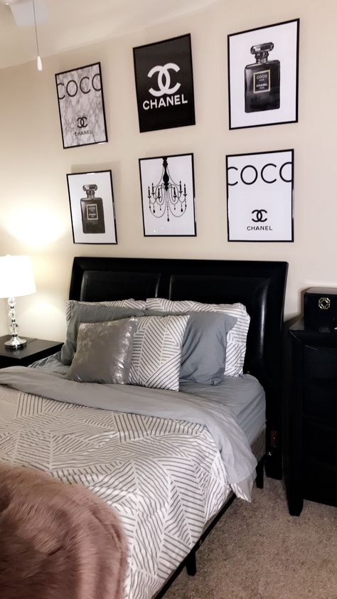 Coco Chanel Poster Bedroom, Chanel Poster Bedroom, Chanel Decor Bedroom, Designer Bedroom Decor Chanel, Chanel Room Decor Ideas, Designer Brand Room Decor, Chanel Wall Decor Bedroom, Designer Brand Posters Bedroom, Designer Themed Bedroom