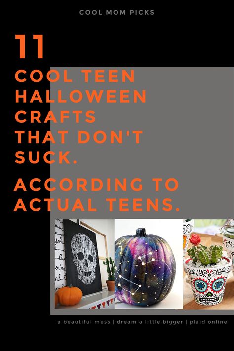 We searched Pinterest for cool teen Halloween crafts and frankly, our teens were not impressed. So we made our own list! Guaranteed teen-approved, from pumpkin decorating, to painting projects, to easy kitchen Halloween crafts. | Cool Mom Picks | Halloween DIY projects | Halloween crafts for teens | Pumpkin carving | Halloween jewelry| Sugar skull crafts | Adult coloring pages Halloween Craft For Teenager, Halloween Crafts For Ladies Night, Halloween Craft Teens, Fall Crafts For Teens Diy, Halloween Crafts For Preteens, Halloween Craft For Middle School, Halloween Crafts For Kids 10-12, Halloween Crafts For Teenagers, Middle School Halloween Crafts