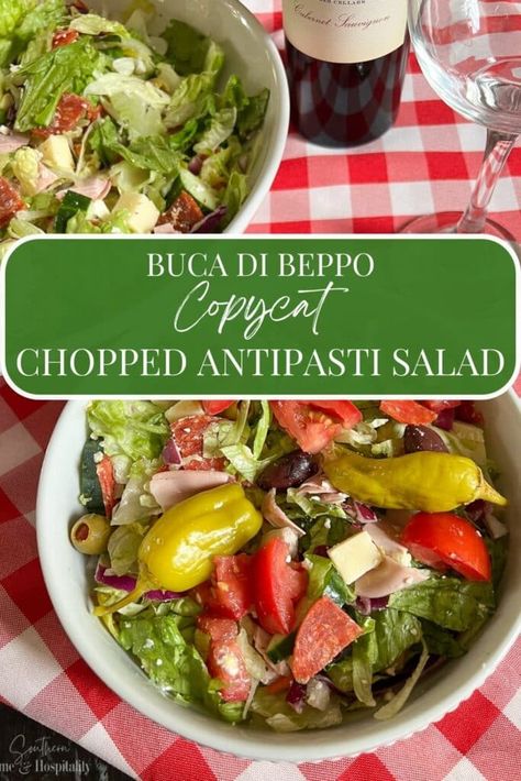 Need an easy-to-make salad bursting with flavors? Make this Italian restaurant famous favorite filled with cured meat, three cheeses, olives, cucumbers, peppers, and more! Bucca Di Beppo Antipasto Salad, Buca Di Beppo Antipasto Salad, Antipasto Salad Dressing, Copycat Salad, Salad As A Meal, Antipasto Salad Recipe, Restaurant Salad, Southern Style Home, Antipasto Salad