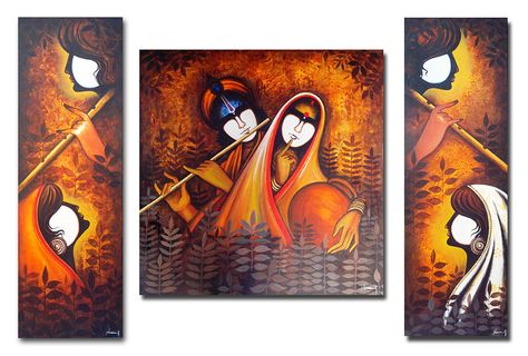 Paintings Radha Krishna Abstract Techniques, Painted Wood Walls, Ganesha Painting, Soyut Sanat Tabloları, Krishna Radha Painting, Interior Painting, Radha Krishna Art, Krishna Painting, Indian Paintings