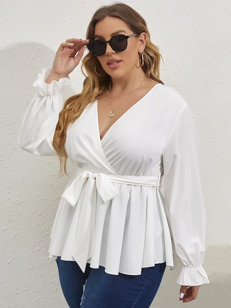 Plus Surplice Neck Flounce Sleeve Belted Peplum Blouse | SHEIN USA Simple Chiffon Top Styles, White Peplum Top Outfit, Chiffon Top Styles, Peplum Wrap Top, White Peplum Top, Plus Size Peplum, Ruffle Hem Blouse, White Peplum Tops, White Peplum