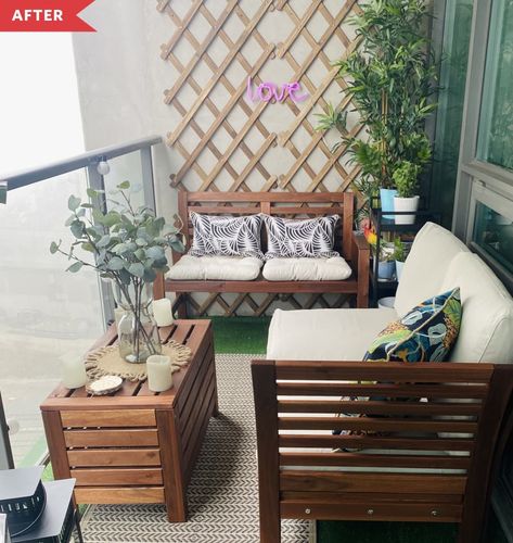 After: A balcony with two padded benches, a coffee table, plants, and an accent wall with a trellis and decorative light Terrace Wall Decor, Bench For Balcony, Decorate Balcony, Balcony Bench, Indian Room, Balcony Design Ideas, Terrace Decor, Patio Projects, White Tile Floor