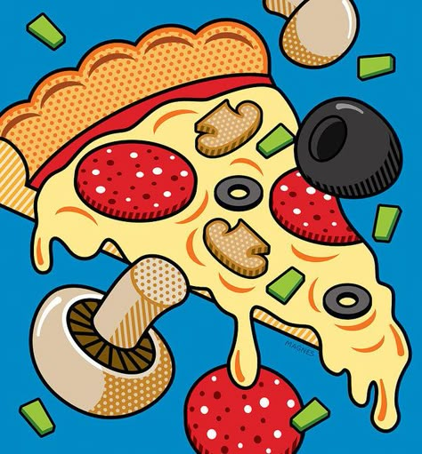 Pizza On Blue by Ron Magnes Ron Magnes, Pop Art Party, Pizza Cartoon, Blue Digital Art, Pizza Drawing, Pop Art Food, Pizza Art, Breakfast Pizza, Art Food