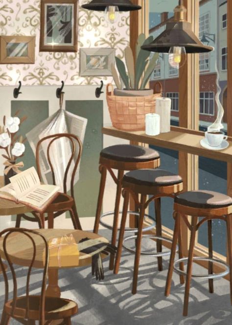 Fantasy Coffee Shop, Bg Design, Dining Room Cozy, Coffee Shop Aesthetic, Coffee Shops Interior, Vintage Poster Design, Coffee Illustration, Shop Illustration, Cafe Art