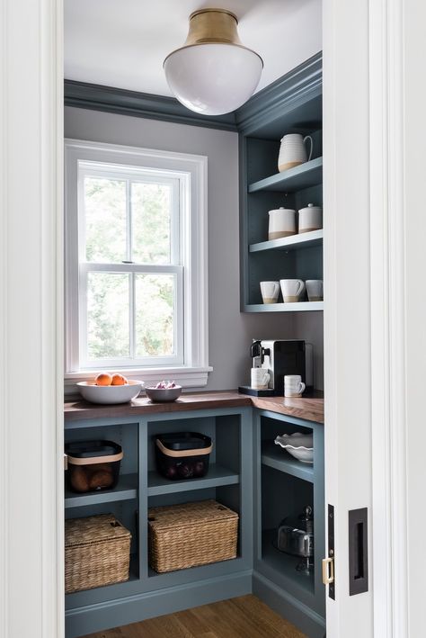 Colonial Revival Interior, Walnut Countertop, House Tweaking, Blue Shelves, Small Pantry, New England Homes, Blue Cabinets, Colonial Revival, Butcher Block Countertops