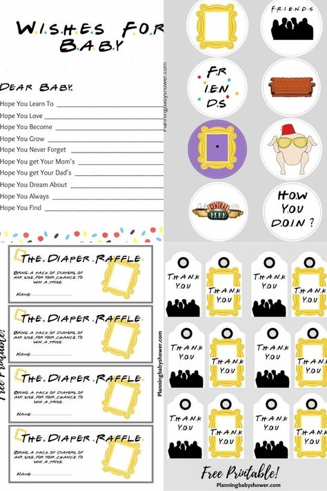 Friends Themed Nursery, Friends Themed Gender Reveal, Friends Themed Baby Shower Ideas, Friends Baby Shower Ideas, Friends Baby Shower Theme, Baby Shower Free Printables, Baby Shower Gift List, Baby Shower Theme Decorations, Dear Baby