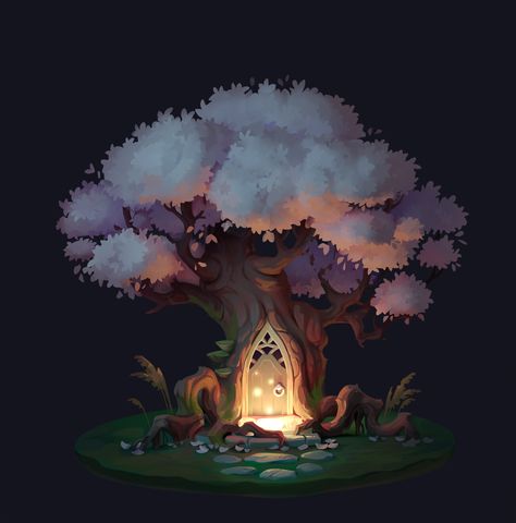 Fantasy Tree Drawing, Fantasy Treehouse, Fantasy Tree, Magical Tree, Really Cool Drawings, Isometric Art, Game Illustration, Low Poly Art, Tree Drawing