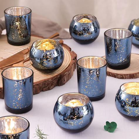 PRICES MAY VARY. 🌺12PCS ASSORTED CANDLE HOLDER🌺 : These charming cute candle holders are made of thick & strong glass, which are durable and not easy to break. Each order will consist of 6pcs 2.16-Inch Speckled Mercury Glass Votives and 6pcs 2-Inch Round Mercury Glass Votives .(Candles Excluded), 🌺BLUE VOTIVE CANDLE HOLDERS for VARIOUS OCCASIONS🌺: These blue decorations are ideal for wedding decorations, birthday party decorations, bridal showers, dinner table setting decor, Christmas decora Glass Wedding Table, Blue Votive Candle Holders, Navy Blue Birthday, Table Decorations For Home, Blue Decorations, Rehearsal Dinner Decorations, Mercury Glass Votives, Glass Votives, Glass Wedding