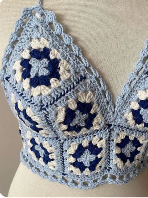 Crochet With Multi Colored Yarn, Croshay Ideas Clothes, Crochet Ideas Blue Yarn, Aesthetic Crochet Room Decor, Crochet Ideas Tops, Crochet Fashion Trends 2024, Blue And White Crochet Top, Things To Crochet For Summer, Crosetate Ideas