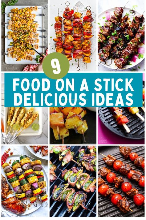 Take your grilling to the next level with these 9 delicious ideas for food on a stick. Meal On A Stick, Grilled Skewers Ideas, Food On A Stick Ideas, Food On Skewers, Summer Skewers, Meat On A Stick, Harvest Meals, Food On A Stick, Bbq Sticks