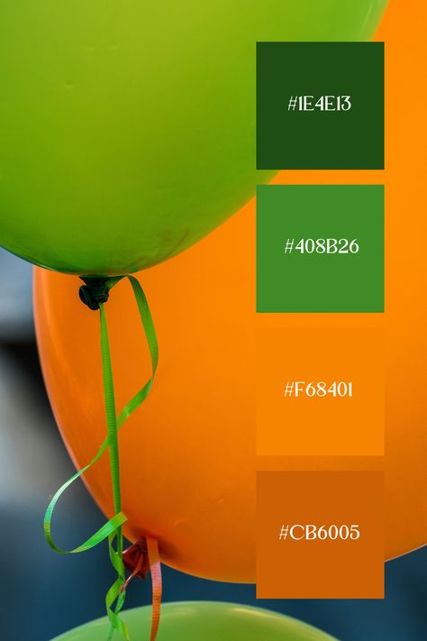 This image features bright green and orange balloons palette, creating a lively and festive atmosphere. The vibrant colors stand out against each other, making a bold and cheerful visual statement. Black Green Orange Color Palette, Vibrant Green Color Palette, Color Scheme Generator, Orange Color Palette, Color Generator, Orange Palette, Orange Balloons, Orange Color Palettes, Green Palette