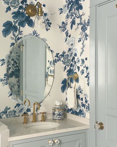 Half Bathroom Wallpaper Ideas, Half Bathroom Wallpaper, Bathroom Mirror Design, Bathroom Mirror With Shelf, Blue And White Wallpaper, Blue Floral Wallpaper, Dark Green Wallpaper, Wallpaper Bathroom, Bathroom Mirror Frame