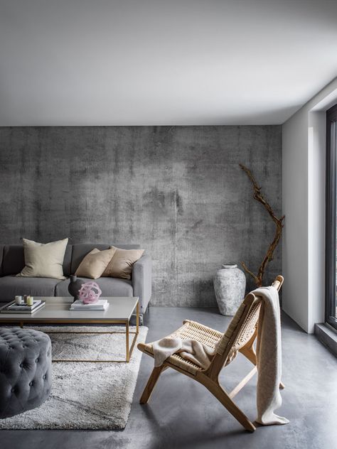 Concrete Wall Living Room, Masculine Decor Living Room, Concrete Walls Interior, Concrete Living Room, Concrete Wall Design, Concrete Interior Design, Masculine Living Rooms, Look Wallpaper, Concrete Interiors