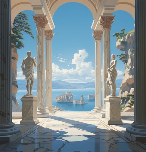 ArtStation - Villa Ancient Greek Garden, Greek Bedroom, Ancient Background, Greece Architecture, Ancient Greek City, Exotic Homes, Monumental Architecture, Gardens Of Babylon, Ancient Pyramids