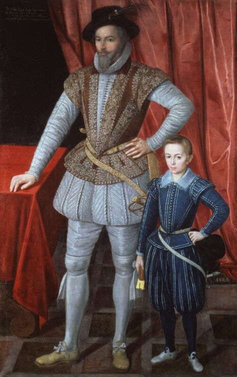 Sir Walter Raleigh and Son - In this portrait, Sir Walter Raleigh is shown wearing a jerkin, which was a jacket similarly shaped like doublets and were made either with sleeves or without. Fashion History Timeline, Walter Raleigh, 17th Century Fashion, Jacques Cartier, Elizabethan Era, Tudor Era, Tudor History, English History, Period Outfit