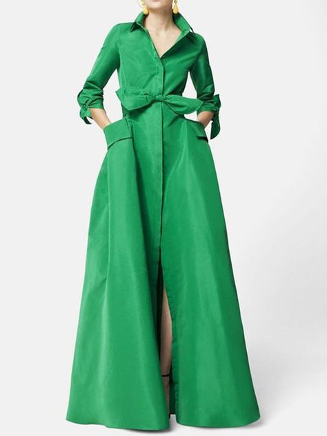 Green Silk Faille Thumper Pearl Button Down Gown By Rosie Assoulin FF5 Button Maxi Dress, Shirt Collar Styles, Women Suits, Elegant Maxi Dress, Maxi Shirt Dress, Green With Envy, Formal Suits, Looks Chic, Shirt Dresses