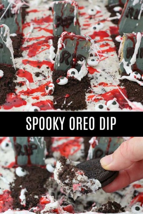 This Spooky OREO Cheesecake Dip is the perfect easy Halloween dessert. No-baking is required for this light and fluffy dip. Prepare it ahead of time and serve it with your favorite fruit or cookie or sweet cracker. @walmart @OREO #creepitreal #oreodip #easyhalloweendessert #creepitreal #halloweendip Halloween Funfetti Dip, Dirt Pie Recipe Oreo Halloween, Halloween Food Oreo, Oreo Truffles Recipe Halloween, Halloween S’mores Dip, Halloween Dip, Oreo Fluff, Oreo Dessert Recipes, Halloween Deserts