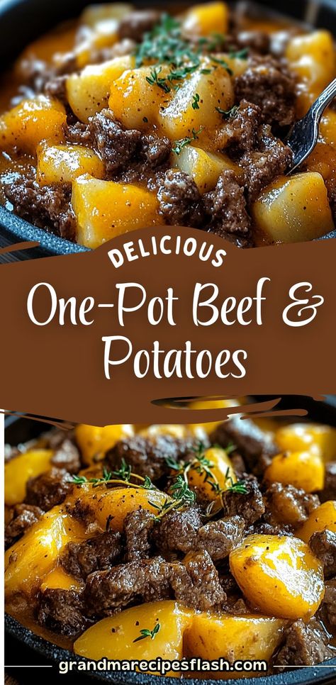 A comforting and delicious one-pot meal perfect for busy weeknights! This Cheesy One-Pot Beef & Potatoes Delight combines tender potatoes, savory ground beef, and a cheesy topping for a family-friendly dish. Ready in under 40 minutes, it’s a hearty and flavorful meal with minimal cleanup. Beef Potatoes, Potted Beef, Parsley Potatoes, Beef And Potatoes, Russet Potatoes, Beef Broth, Flavorful Recipes, Italian Seasoning, One Pot Meals