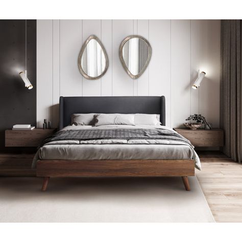 George Oliver Borup Queen Tufted Wood Low Profile Platform Bed - Wayfair Canada Bedroom Inspirations Grey Headboard, Grey Brown Bedroom, Grey And Brown Bedroom, Bed Dark, Futon Bedroom, Bed Platform, Sectional Sofas Living Room, King Platform Bed, Platform Design