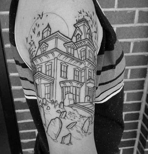 Haunted House Guys Tattoo Ideas House Tattoo Ideas, Casa Do Hobbit, Haunted Mansion Tattoo, Haunted House Tattoo, Coffin Tattoo, Halloween Tattoos Sleeve, Horror Tattoos, House Tattoo, Tattoos Sleeve