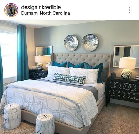 Teal and silver bedroom Silver And Teal Bedroom, Teal Bedroom Ideas For Women, Interior Design 2022, Teal And Gray Bedroom, 2023 Bedroom, Bedroom Turquoise, Silver Bedroom, Grey Bedroom Decor, Teal Bedroom