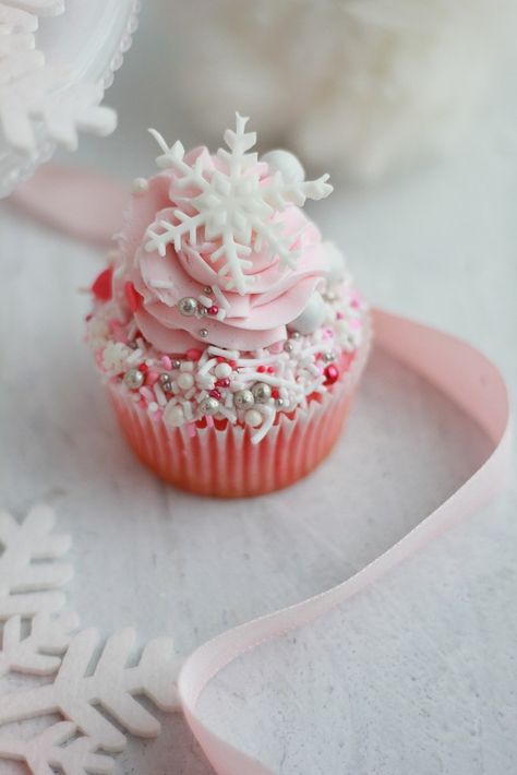 Whimsical Pink Winter Wonderland Cupcakes - Baking with Blondie Barbie Winter Wonderland Party, Pink Snowflake Cupcakes, Pink Winter Cupcakes, Winter Wonderland Cupcakes Pink, Pink And White Winter Wonderland, Pink Snowflake Cookies, Pink Christmas Party Food, Pink Winter Cake, Pink Christmas Cupcakes