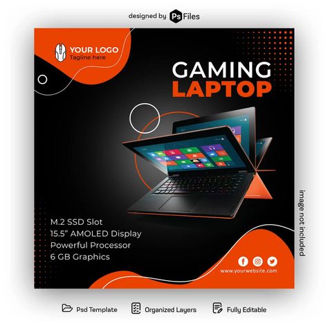 Gaming Laptop Free Social Media Post Design PSD Template - PsFiles Laptop Poster Design Ideas, Laptop Social Media Post, Laptop Social Media Design, Laptop Poster Design, Template Laptop, Laptop Template, Laptop Display, Sneaker Posters, Laptop Design