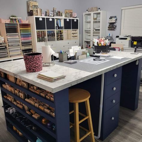 Custom Craft Table, Large Craft Room Table, Craft Room With Island Work Spaces, Scrapbook Tables, Craft Room With Multiple Work Stations, Basement Sewing Room Ideas, Sewing Tables Ideas Work Stations, Mulitple Hobby Desk, Craft Space Ideas Workspaces