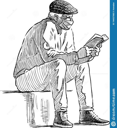 Illustration about Freehand drawing of senior man in mask sitting on park bench and reading a book. Illustration of mask, quarantine, caucasian - 194527682 Reading A Book Illustration, Old Man Sketch, Human Sketch, Pen Art Work, Freehand Drawing, Human Figure Sketches, Etch A Sketch, Man Sketch, Pen Art Drawings