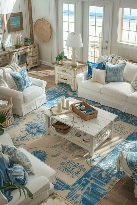 Light Blue Boho Bedroom, Blue Boho Bedroom, Blue And Cream Bedroom, Coastal Table Decor, Blue Bedroom Colors, Light Blue Bedroom, Boho Bedrooms, Beach Theme Living Room, Beach House Living Room