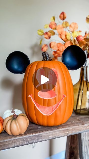 Whitney | DIY, Decor & Cricut on Instagram: "It is time 🎃 to say Boo to you! 🏰  . When your son gets so excited about the $129 #potterybarnkids Mickey Pumpkin, my craft senses were tingling!  . The pumpkin and hot knife are from @michaelsstores. And can you believe the ears are…..wait for it… #dollartree ladles! 😮  . 🎃 I shared 30 classy and not tacky Halloween DIYs in my new YouTube video out today, check it out through the link in my bio ➡️ @whiskeyandwhit or comment MICKEY and I'll send it to you - that’s also where you can find my free template for the face to print and make your own!  . . . #whiskeyandwhit #dollartree #dollartreefall #disneydiy #disney #dollartreediys #dollartreefalldecorations #cricutfall #autumn #craftblogger #falldecor #fallcolors #falldecor #falldecorations #a Diy Decor Cricut, Halloween Villians, Disney Halloween Diy, Disney Halloween Decorations, Dollar Tree Hacks, Dollar Tree Fall, Mickey Pumpkin, Faux Pumpkins, Diy Pumpkin