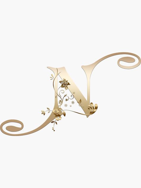 "Elegant Gold Floral Monogram Letter N" Sticker by Grafixmom | Redbubble Cursive Letters Fancy, Alpha Bet, Ns Logo, Indian Wedding Decorations Receptions, Fancy Cursive, Floral Monogram Letter, Alphabet Style, Flower Wallpapers, Beautiful Lettering