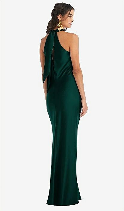 Draped Twist Halter Tie-back Trumpet Bridesmaid Dress In Evergreen | The Dessy Group Bow Back Dress, Charmeuse Dress, Dessy Collection, Charmeuse Fabric, Elegant Bridesmaid Dresses, Tie Women, Trumpet Gown, Trumpet Skirt, Column Dress