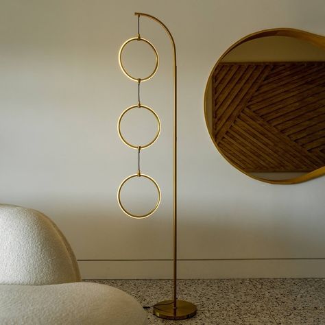 Brightec Nova 74 in. Antique Brass Dimmable LED Arc Standing Floor Lamp with 3 Ring-Style Light Pendants - Bed Bath & Beyond - 35419294 Bright Floor Lamp, Dimmable Floor Lamp, Gold Living Room Decor, Antique Floor Lamps, Novelty Floor Lamp, Tall Lamp, Over The Couch, Modern Floor Lamp, Urban Decor