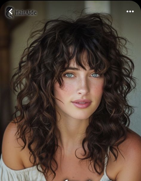 Medium Length Haircut For Curly Hair Natural Curls With Bangs, Body Perms For Medium Length Hair, Curly Shag With Curtain Bangs, Curly Shag Haircut Medium, Curly Shag With Bangs, Wise Wizard, Long Shag Hairstyles, Curly Shag Haircut, Natural Curly Hair Cuts