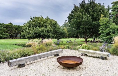 Australian Fire Pit, Fire Pit Areas With Gravel, Outdoor Fire Pit Area, Country Garden Design, Australian Garden Design, Play Area Backyard, Fire Pit Landscaping, Outdoor Fireplace Patio, Sloped Garden