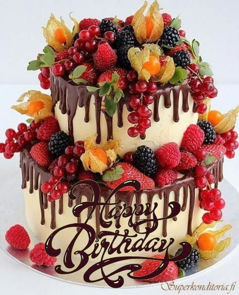 Cake Decorated With Fruit, Tårta Design, Torte Creative, Fresh Fruit Cake, Happy Birthday Cake Pictures, Happy Birthday Cake Images, Torte Cupcake, Birthday Wishes Cake, Beautiful Birthday Cakes