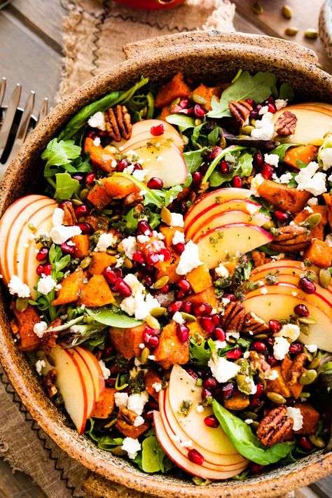 Fall Harvest Salad with Apple and Butternut Squash - CucinaByElena Harvest Salad Butternut Squash, Half Baked Harvest Fall Salad Recipes, Half Baked Harvest Recipes Salads, Butternut Squash Apple Salad, Fall Fruit Salad Autumn, Thanksgiving Salad Recipes Holidays, Ina Garten Salad Recipes, Easy Fall Salad Recipes, Fall Salads Recipes Autumn