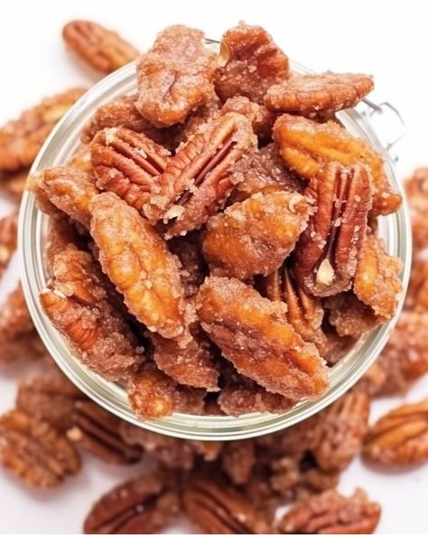 I gave these out as gifts last year and they were a total hit Snacks With Pecans, Candy Coated Pecans, Sugared Peanuts Recipe, Easy Pecan Recipes, Coated Nuts Recipe, Nuts And Bolts Recipe Best, Sweet Treats For Christmas, Best Candied Pecans, Treats For Gifts