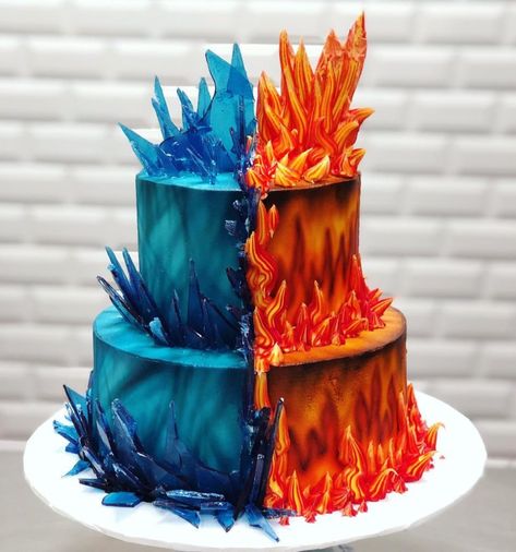 Phoenix Birthday Cake, Fire And Ice Cake Ideas, Fire And Ice Birthday Party Theme, Phoenix Cake Ideas, Elemental Birthday, Ice Cake Design, Phoenix Cake, Elemental Cake Ideas, Elemental Theme Party