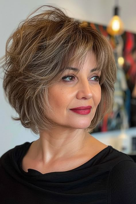 A woman with a layered feathered bob and peek-a-boo bangs highlighted in honey tones. Textured Bob With Bangs Fine Hair, Feathered Shag Haircut, Shaggy Bob For Fine Hair Over 50, Bob With Feathered Bangs, Feathered Bob Hairstyles, Across Bangs, Bobbed Hairstyles With Fringe, Feathered Bob, Straight Across Bangs