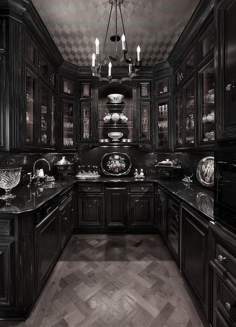 Vampire Kitchen Aesthetic, Gothic House Interior Kitchen, Vampire House Aesthetic, Vampire Kitchen, Black Victorian House, Witch Home Aesthetic, Goth Mansion, Royalty Dr, Gothic Homes