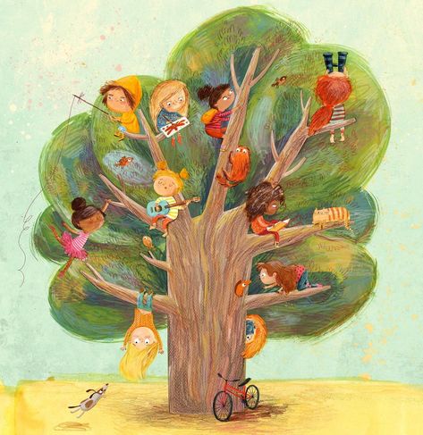 Climb A Tree, Book Illustration Layout, Tree Collage, Illustration Art Kids, Friends Illustration, Picture Books Illustration, Heart Illustration, Character Design Sketches, Book Illustration Art