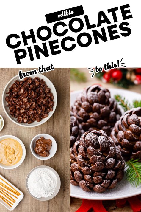 Christmas Dessert Pinecone, Chocolate Peanut Butter Pine Cones, Pinecone Dessert Recipe, Brownie Pine Cones, Rustic Christmas Desserts, Pine Cone Truffles, Edible Pinecones Recipe, Pinecone Dessert, Christmas Chocolate Covered Treats