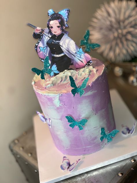 Shinobu Birthday Cake, Birthday Cake Demon Slayer, Demon Slayer Cake Ideas Nezuko, Demon Slayer Cake Nezuko, Shinobu Kocho Nendoroid, Aurora Cake, Bday Party, Cake, Birthday