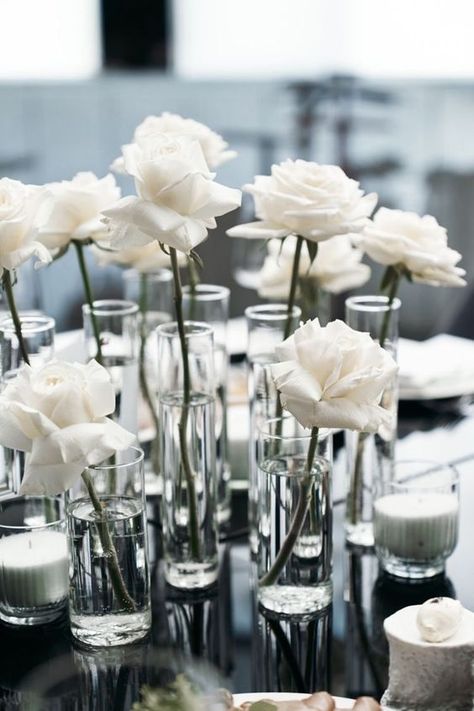 Minimalist Wedding Table Decor, White Rose Centerpieces, Minimalist Wedding Table, Minimalist Centerpiece, Bud Vase Centerpiece, Minimalist Wedding Decor, White Roses Wedding, Lake Tahoe Wedding, Rose Centerpieces