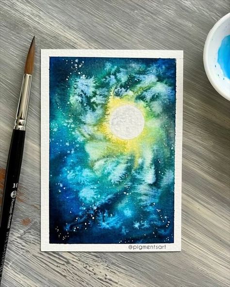 Pigments Art on Instagram: "Spiral watercolour galaxy with salt and white gouache. Swipe for a tape peel 💛💙 Process: 1. Wet the paper with clean water 2. Add strong colours (they will lighten from the water already on the page) 3. Using darker colours, start to add swirls into the wet paint 4. Add white gouache swirls 5. Sprinkle a little salt onto the wet paint 6. Once the shine has gone from the paper, splatter some white gouache 7. When the paint is dry, follow up with a few extra painted white ‘stars’ 8. Remove masking tape moon and add some texture to it 9. Once the paint is completely dry, gently brush off the salt . Paint: Winsor and Newton Cotman Paper: St Cuthbert’s Mill Bockingford 300gsm Brush: @borcianiebonazzi . . . #watercolorgalaxy #galaxywatercolor #processvideo #galax Watercolour Galaxy, Salt Paint, Salt Painting, St Cuthbert, White Gouache, Winsor And Newton, Watercolor Galaxy, Moon Painting, White Stars