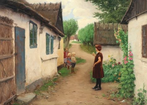 Hans Andersen Brendekilde | Small village life with a young woman and children | MutualArt Hans Andersen, Playful Painting, Awesome Paintings, Most Beautiful Paintings, Farmhouse Paintings, Danish Art, 19th Century Art, Oil Painting Reproductions, Village Life